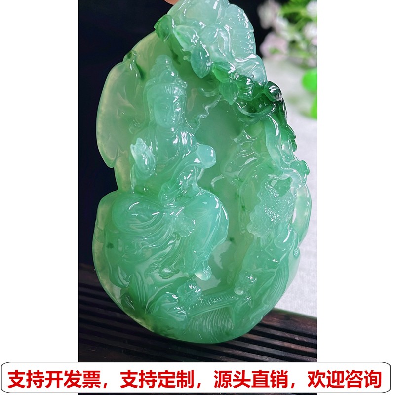 缅甸天然A货玉石翡翠挂件 精雕老坑冰种满绿山水观音吊坠