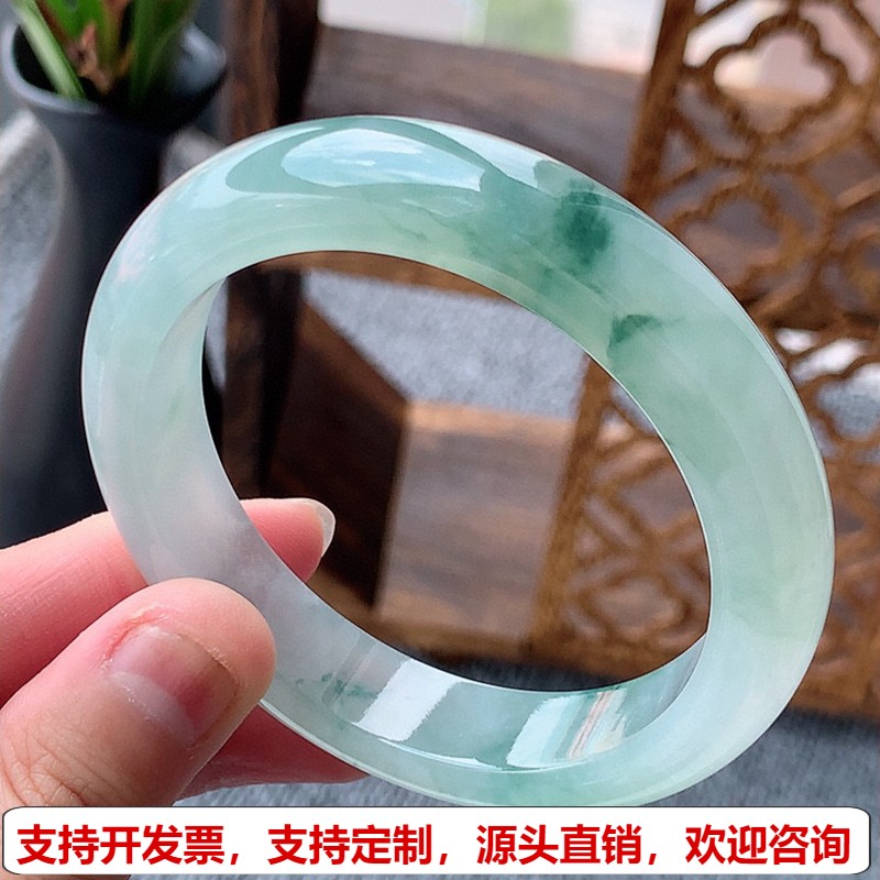缅甸A货天然翡翠 老坑冰种飘花正装正圈手镯54-55圈口