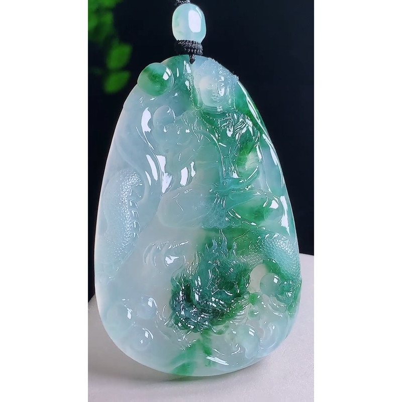 缅甸天然A货玉石翡翠 老坑冰种飘花祥龙大势至菩萨吊坠