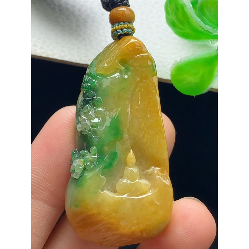 缅甸天然A货玉石翡翠 老坑冰种 手工精雕 黄加绿悟道牌吊坠
