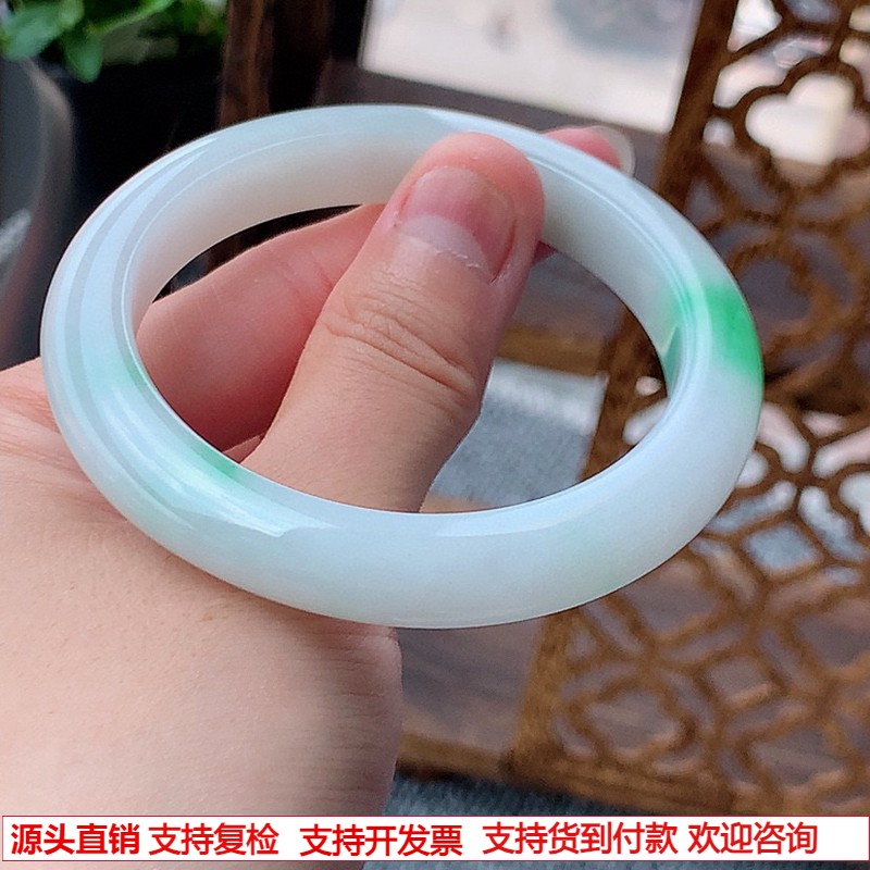 缅甸A货天然翡翠 老坑冰种白底青飘绿正装正圈手镯53-54圈口
