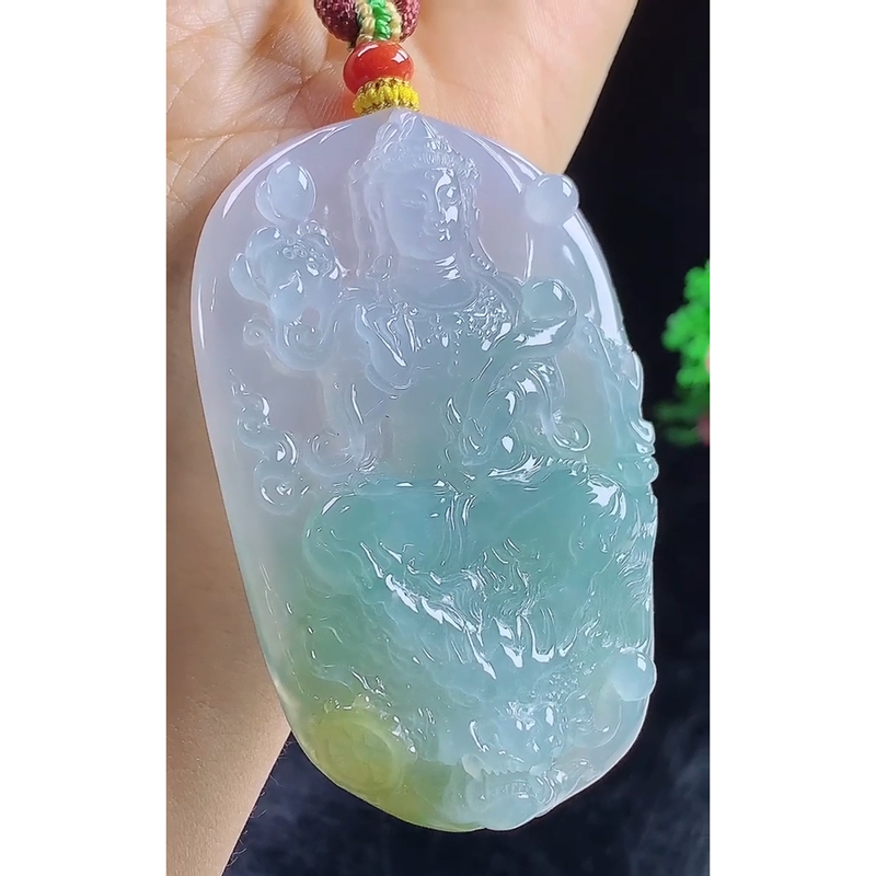 缅甸天然A货玉石翡翠挂件 精雕老坑冰种三彩晴水紫黄文殊菩萨吊坠