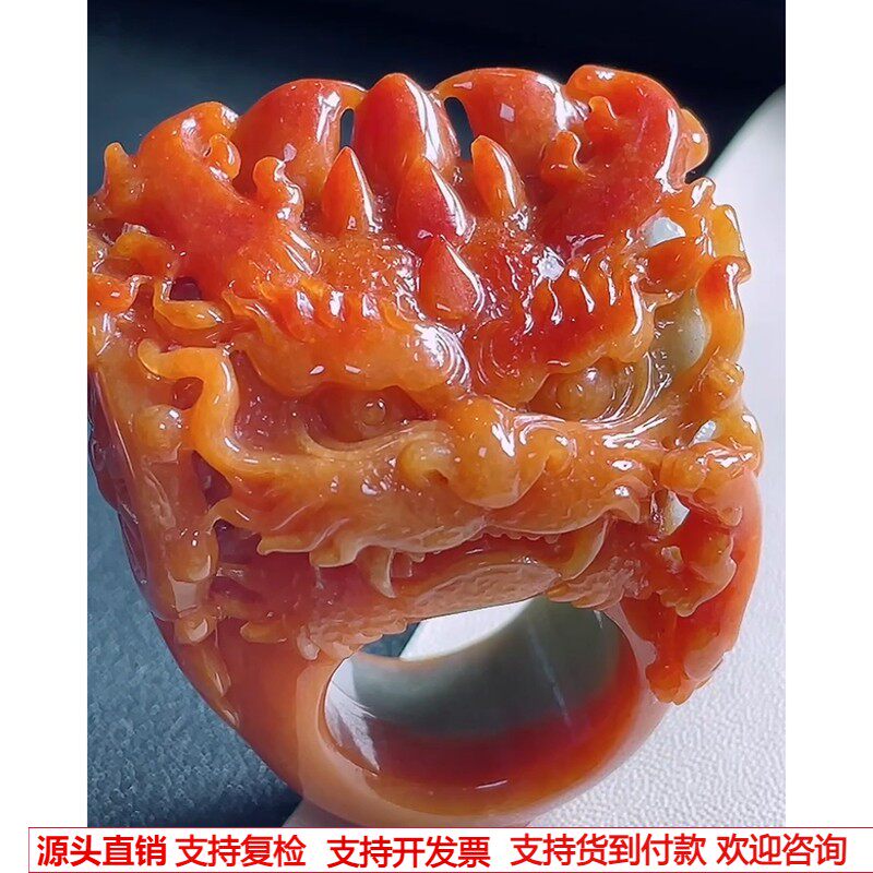 缅甸天然A货翡翠 精雕老坑冰种红翡霸王龙头扳指内径20.4mm