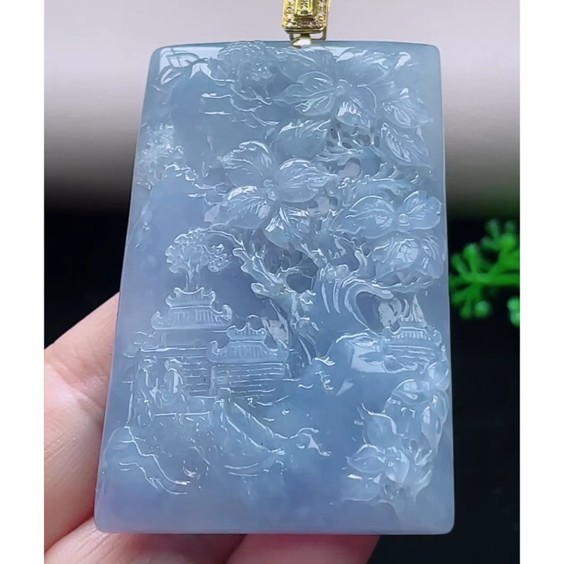 缅甸天然A货玉石翡翠挂件 精雕老坑冰种金钻扣头紫罗兰山水牌吊坠