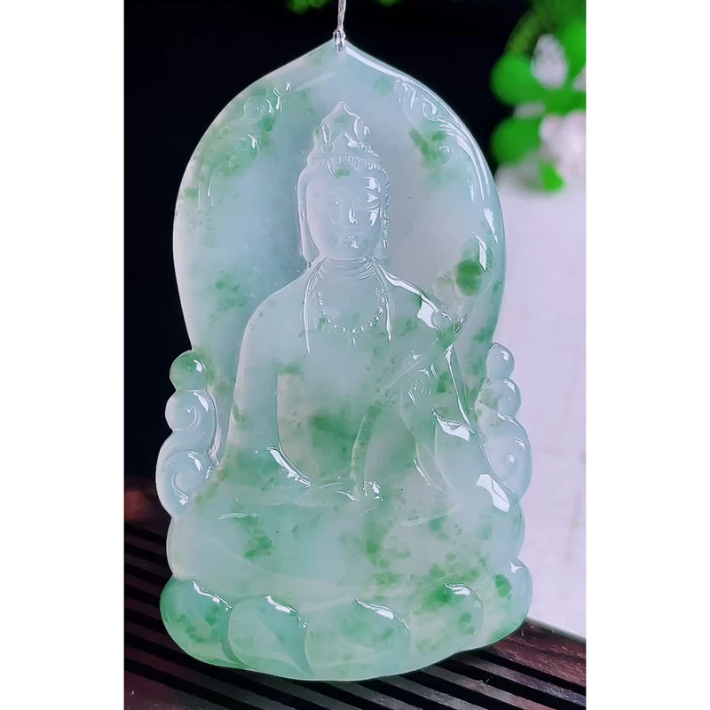 缅甸天然A货玉石翡翠 老坑冰种飘花素衣观音吊坠