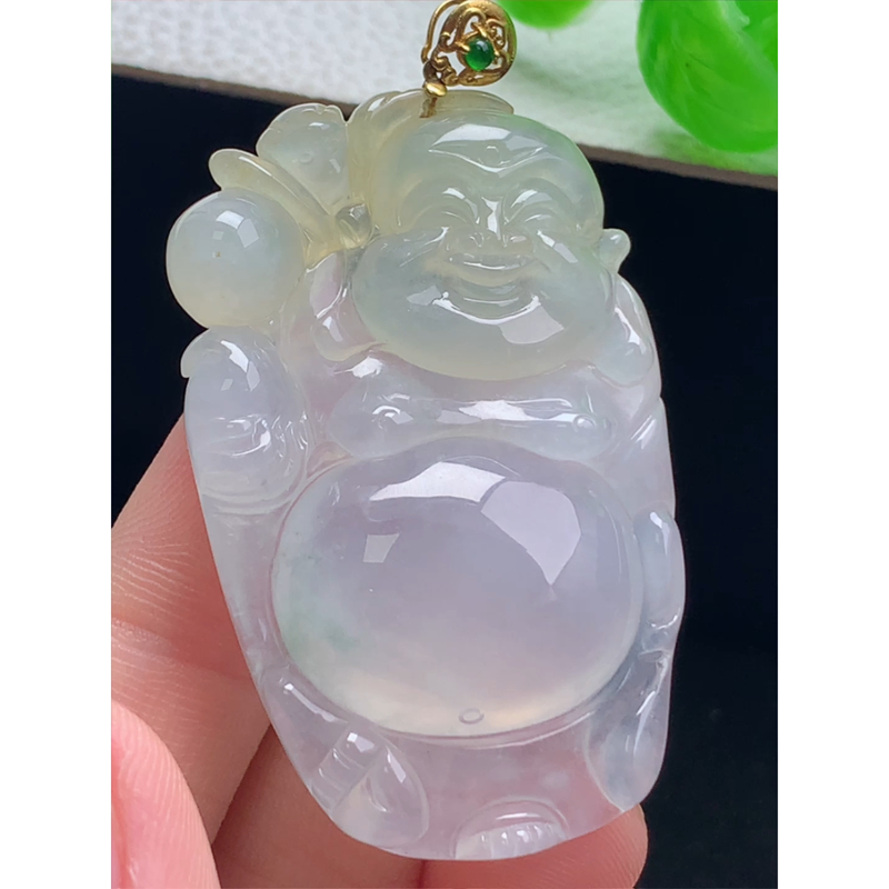 缅甸天然A货玉石翡翠 老坑冰种 手工精雕 18k金镶黄翡弥勒佛吊坠