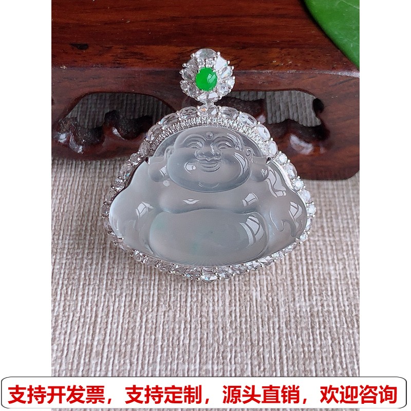 缅甸天然A货玉石翡翠 老坑玻璃种18K金伴钻镶嵌白月光佛公 吊坠