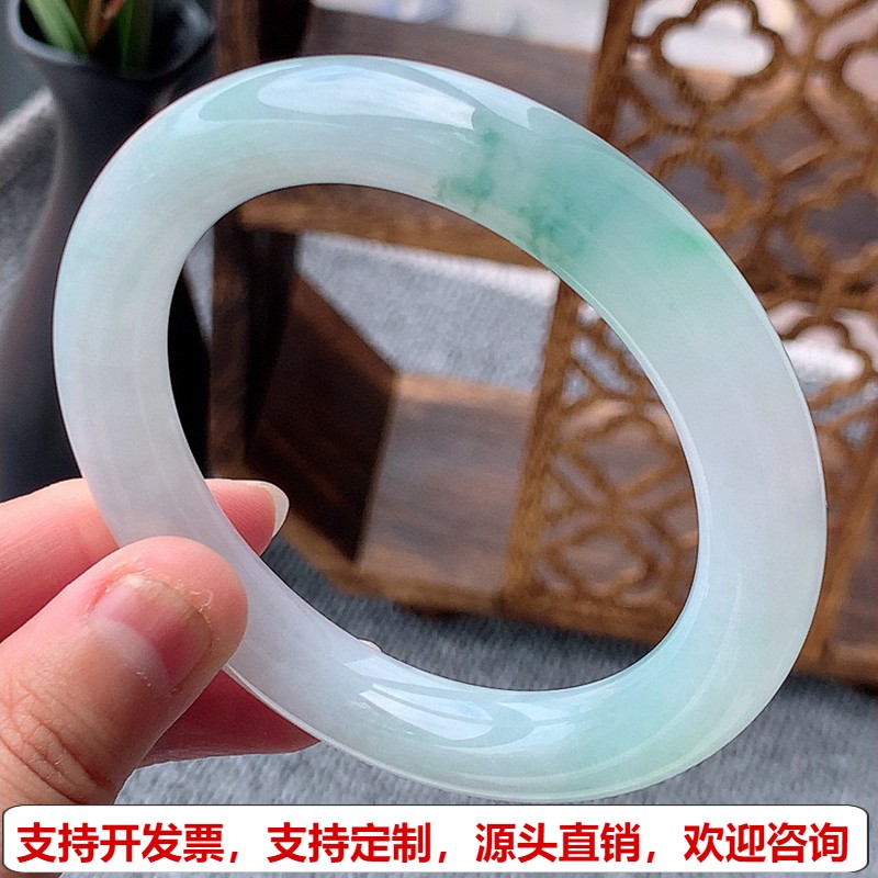 缅甸A货天然翡翠 老坑冰种飘花圆条手镯58-59圈口 完美