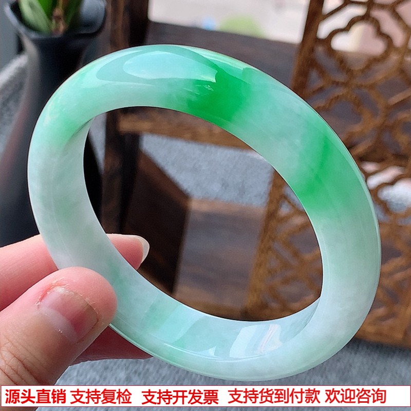 缅甸A货天然翡翠 老坑冰种飘阳绿正装正圈手镯57-58圈口
