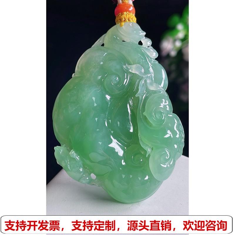 缅甸天然A货玉石翡翠挂件 精雕老坑冰种晴绿满绿如意吊坠