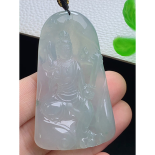 缅甸天然A货玉石翡翠 老坑冰种 手工精雕 虚空藏菩萨牌吊坠