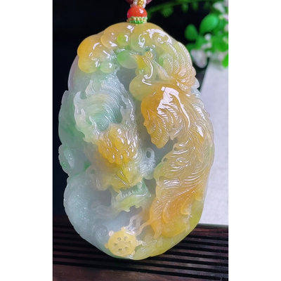 缅甸天然A货玉石翡翠 老坑冰种黄加绿龙凤合璧 龙凤呈祥吊坠