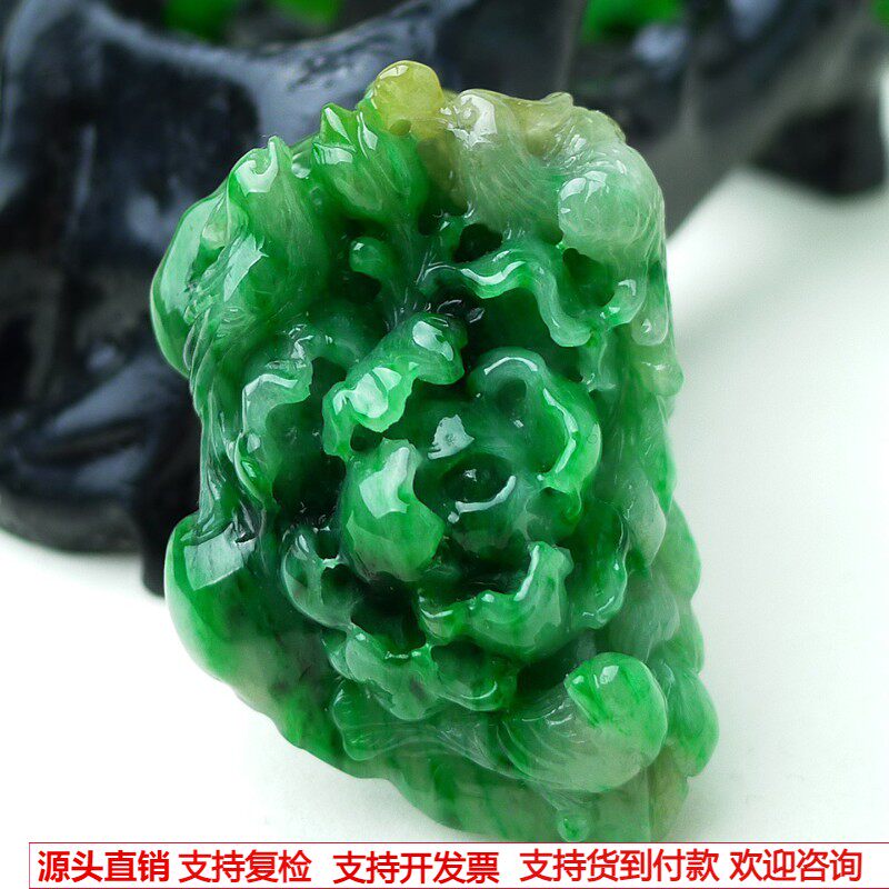 缅甸天然A货玉石翡翠 老坑冰种手工精雕满绿绿色花鸟吊坠