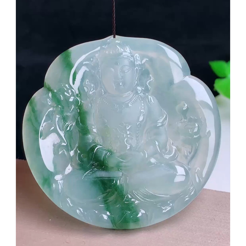 缅甸天然A货玉石翡翠挂件 精雕老坑冰种飘花度母观音吊坠