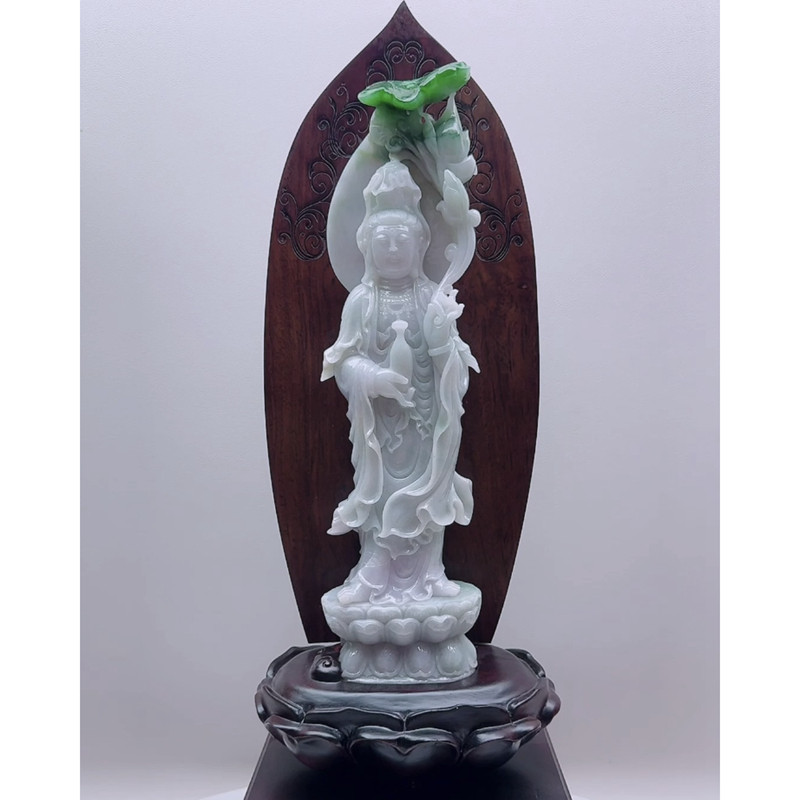 缅甸天然A货玉石翡翠孤品 精雕老坑站姿飘绿宝瓶观音摆件