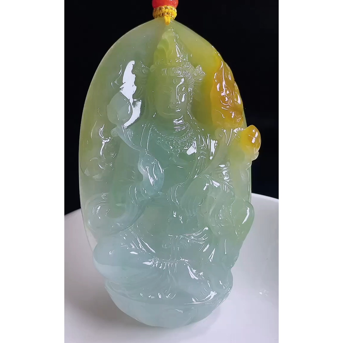 缅甸天然A货玉石翡翠 老坑冰种手工精雕高冰黄翡观音吊坠