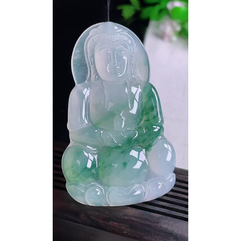 缅甸天然A货玉石翡翠 老坑冰种 手工精雕 飘花观音吊坠