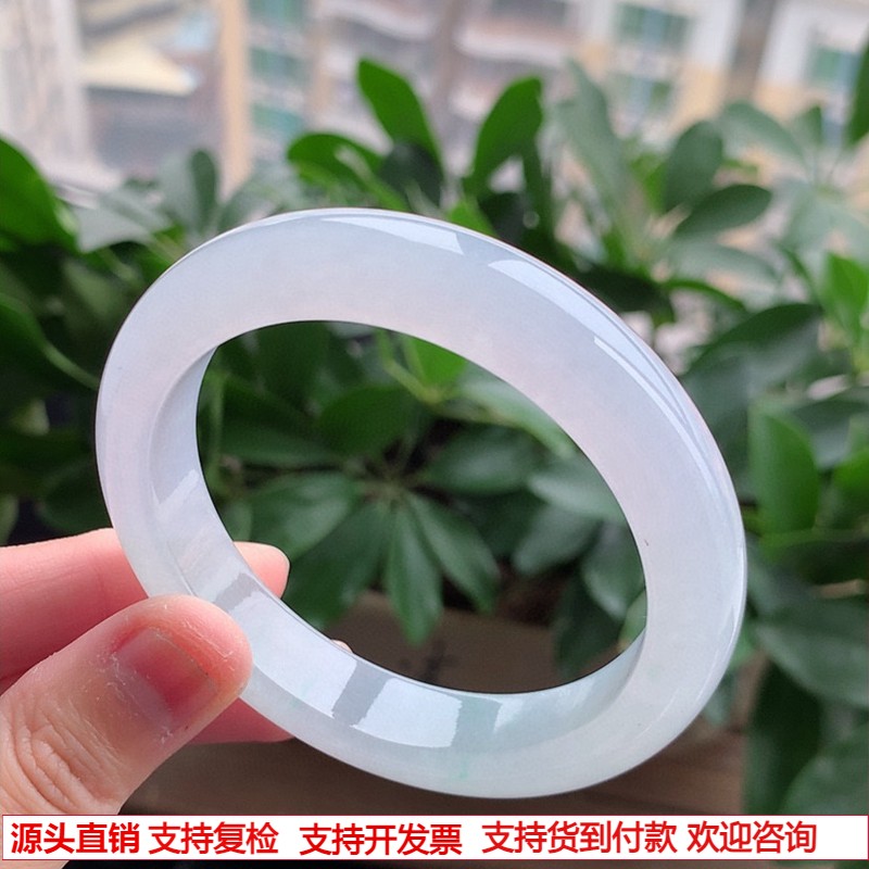 缅甸A货天然翡翠 老坑冰种飘绿白月光正装正圈手镯56-57圈口