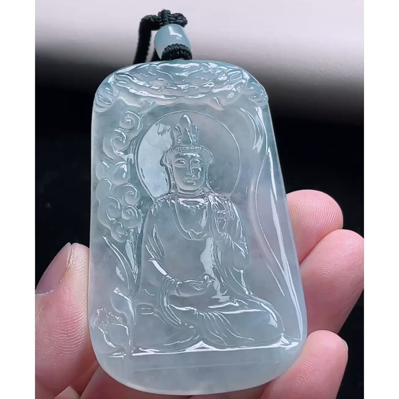 缅甸天然A货玉石翡翠挂件 精雕老坑冰观音牌吊坠
