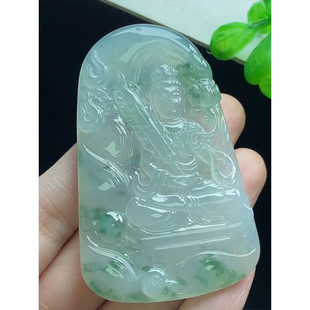 缅甸天然A货玉石翡翠 老坑冰种手工精雕 飘花虚空藏菩萨牌吊坠