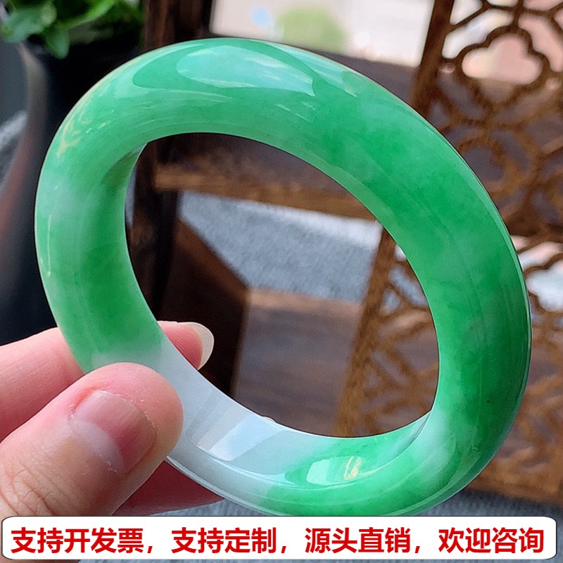 缅甸A货天然翡翠 老坑冰种白底青飘阳绿正装正圈手镯54-55圈口