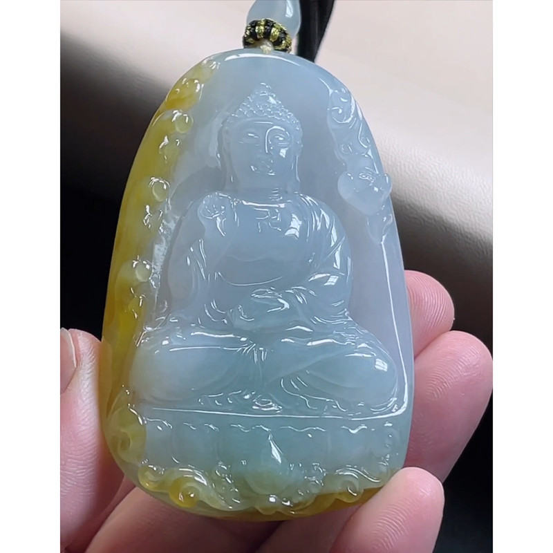 缅甸天然A货玉石翡翠挂件 老坑冰种飘黄翡精雕大日如来佛吊坠