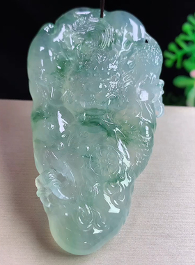 缘满家珠宝 缅甸天然A货玉石翡翠 老坑冰种飘花龙牌吊坠