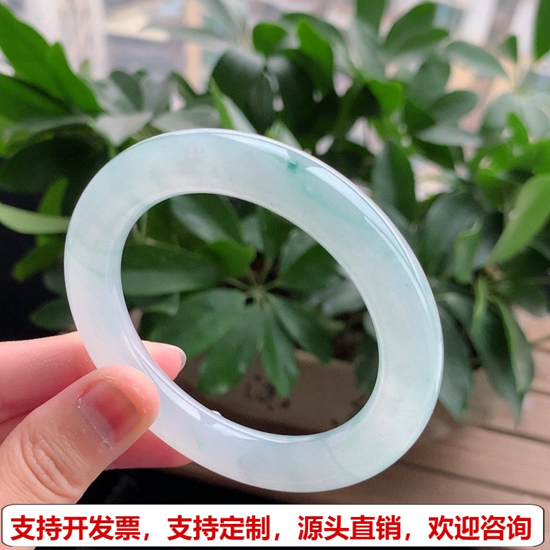 缅甸A货天然翡翠 老坑冰种飘花圆条手镯55-56圈口