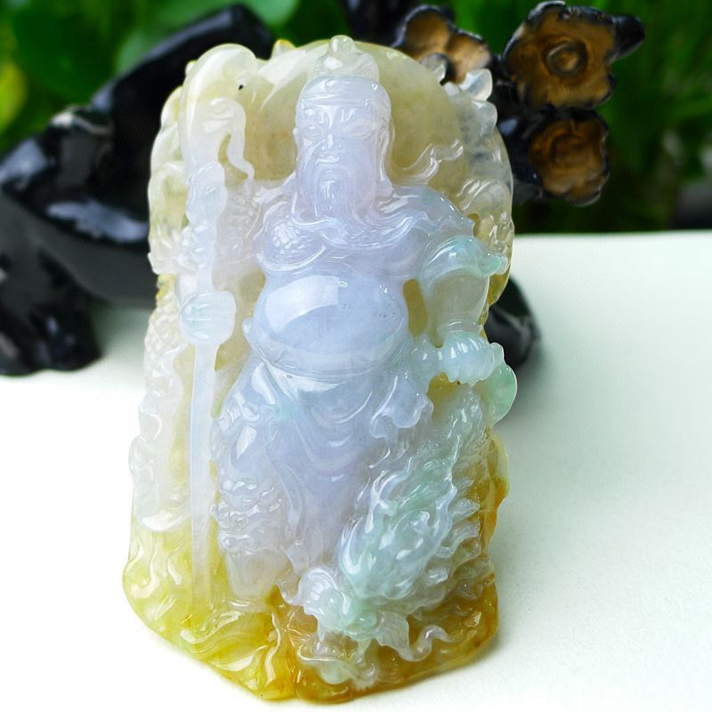 缅甸天然A货玉石翡翠挂件 精雕老坑冰种俏色双彩关公武财神吊坠