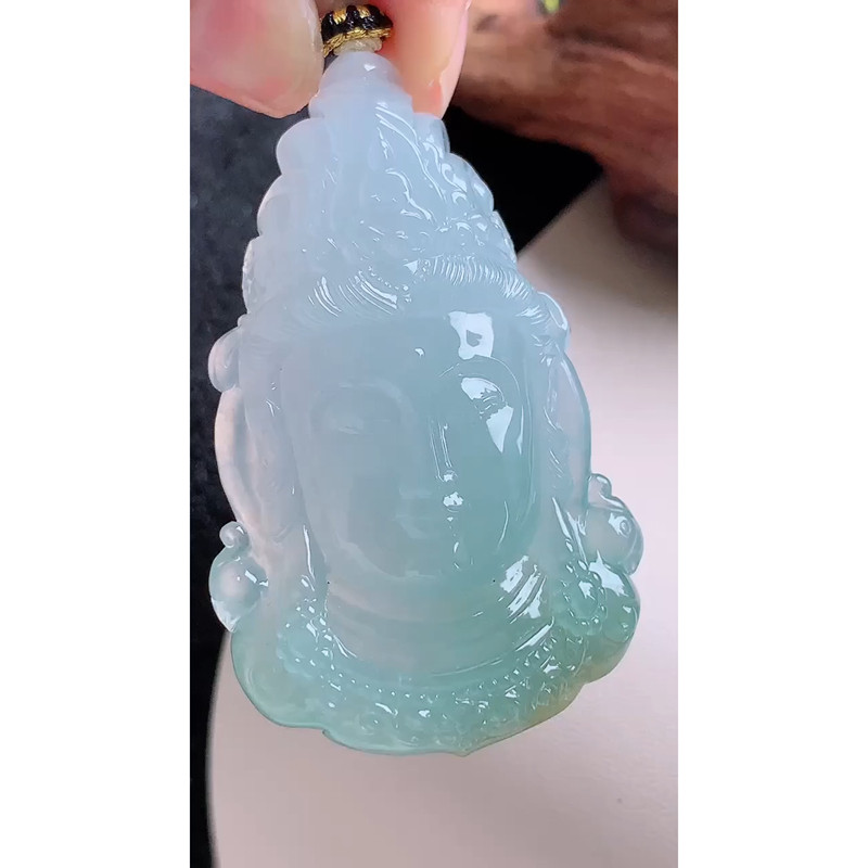 缅甸天然A货玉石翡翠 老坑冰种冰晴观音吊坠