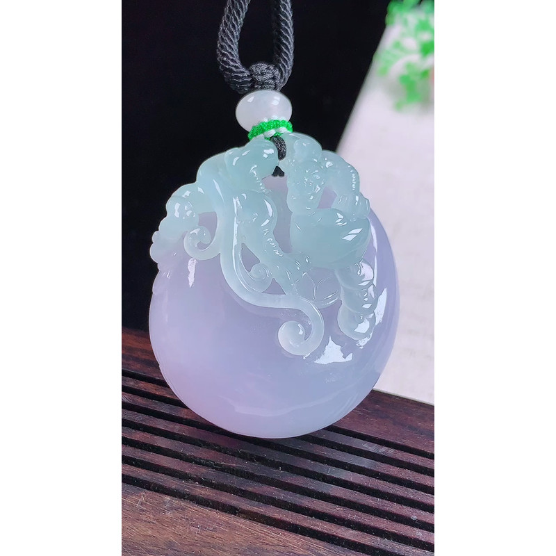 缅甸天然A货玉石翡翠 老坑冰种 手工精雕 紫罗兰钱袋吊坠