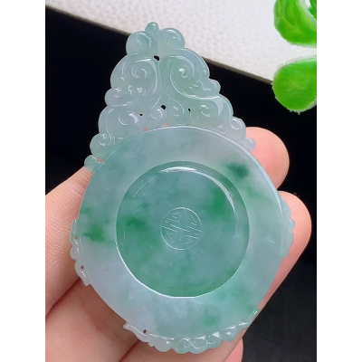 缅甸天然A货玉石翡翠 老坑冰种 手工精雕 飘花时来运转吊坠