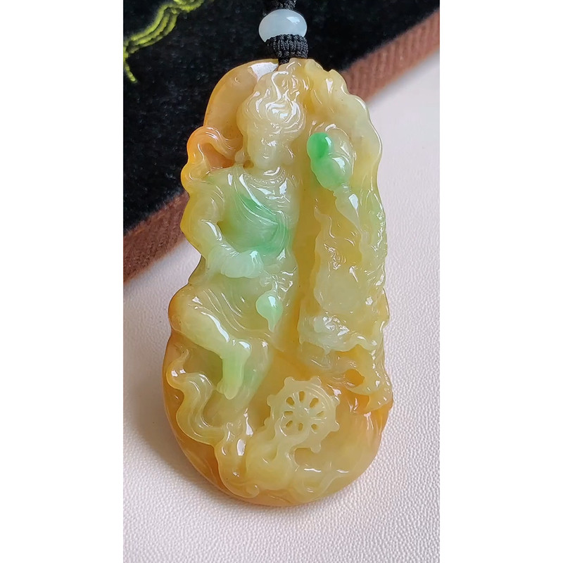 缅甸天然A货玉石翡翠 老坑冰种 手工精雕 黄加绿祥龙不动明王吊坠