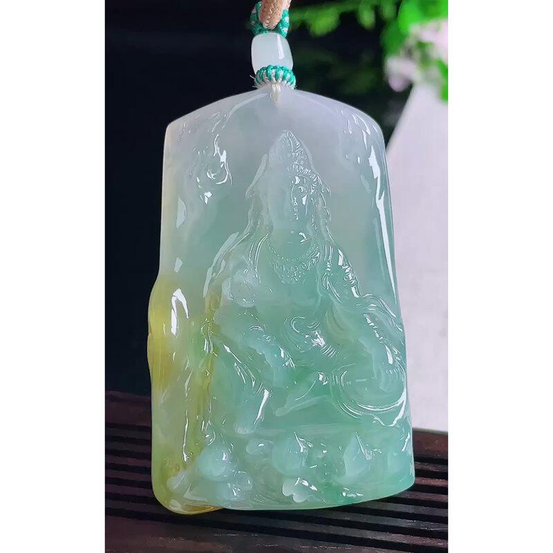 缅甸天然A货玉石翡翠挂件 精雕老坑冰种晴绿飘黄翡大势至菩萨吊坠