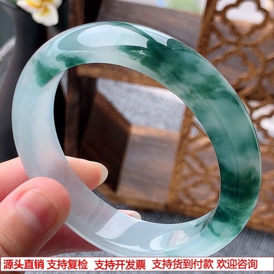 缅甸A货天然翡翠 老坑冰种飘花半山半水正装正圈手镯57-58圈口