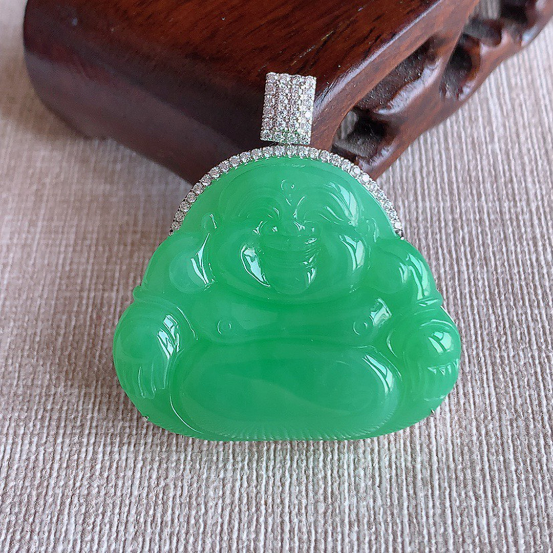 缅甸天然A货玉石翡翠老坑冰种手工精雕18K金伴钻满绿甜绿佛公吊坠