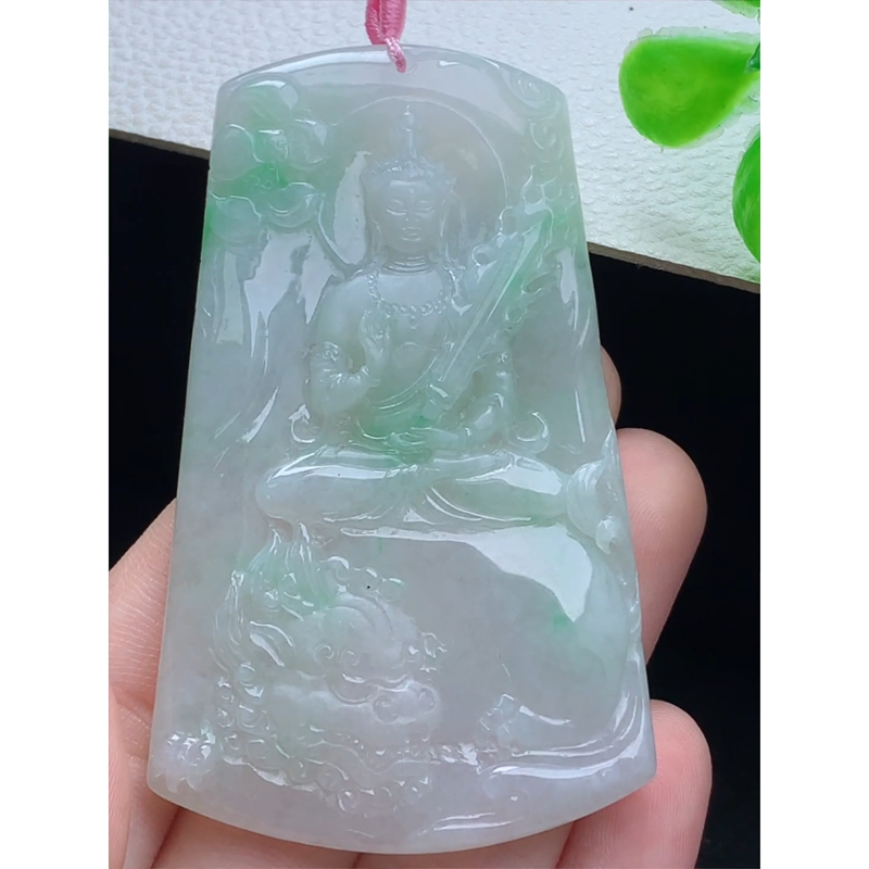 缅甸天然A货玉石翡翠 老坑冰种 手工精雕 飘花文殊菩萨吊坠