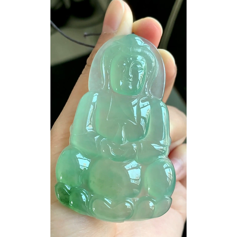 缅甸天然A货玉石翡翠 老坑冰种晴水飘绿花观音吊坠