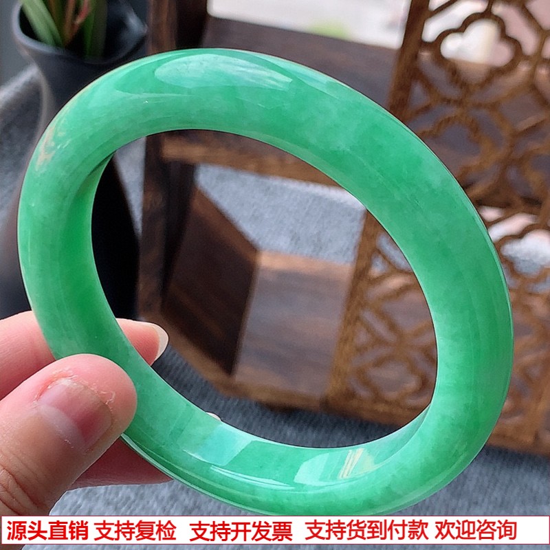 缅甸A货天然翡翠 老坑冰种满绿厚装正装正圈手镯62-63大圈口