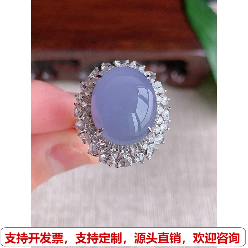 緬甸天然A貨翡翠老坑冰種18K金伴鉆鑲嵌紫羅蘭蛋面戒指吊墜兩用款