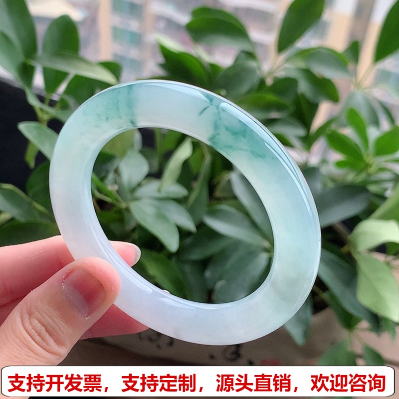缅甸A货天然翡翠 老坑冰种飘花圆条手镯55-56圈口