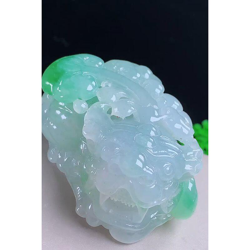 缅甸天然A货玉石翡翠挂件 精雕老坑冰种飘绿霸王貔貅吊坠