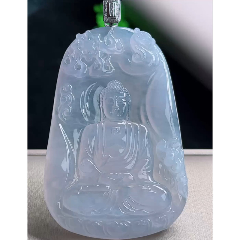 缅甸天然A货玉石翡翠挂件 精雕老坑金扣高冰紫底大日如来佛吊坠