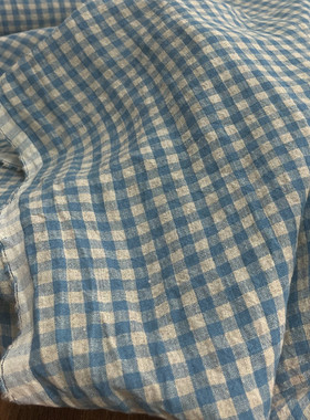 布久以逅麻料肌理感色织纯亚麻格子布料旗袍连衣裙衬衫服装面料蓝