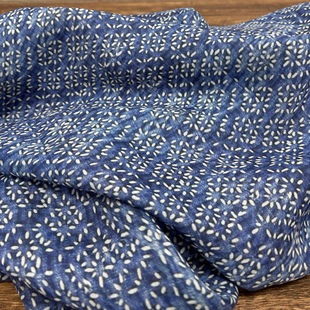 布久以逅蓝色苎麻布料数码印花麻布汉服复古裙子国风面料新  山涧