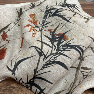 布久以逅42支苎麻染墨印花面料半身裙袍子汉服连衣裙布料新  墨竹