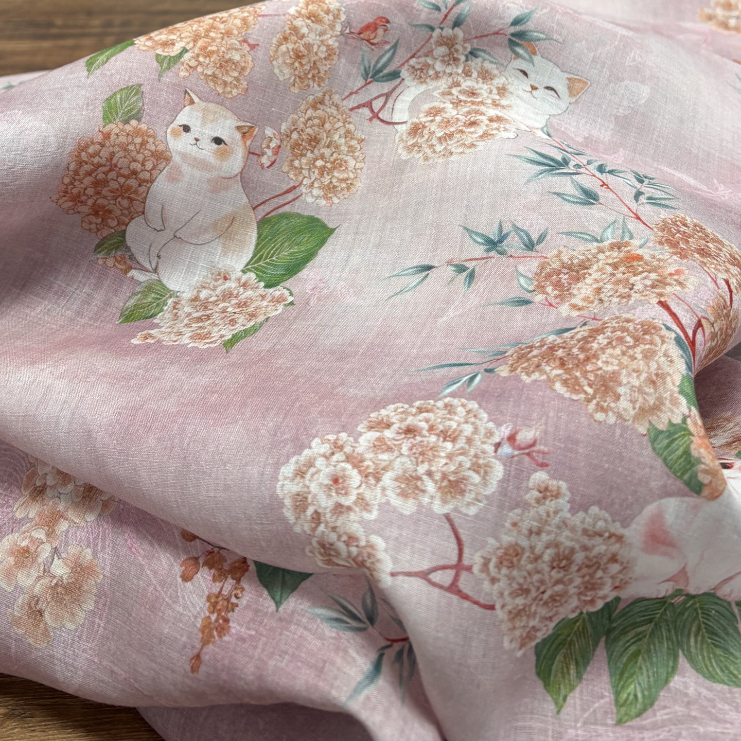 布久以逅国风新中式团花猫咪苎麻面料汉服旗袍连衣裙布料 栖枝粉