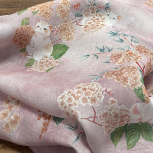 布久以逅国风新中式团花猫咪苎麻面料汉服旗袍连衣裙布料  栖枝粉
