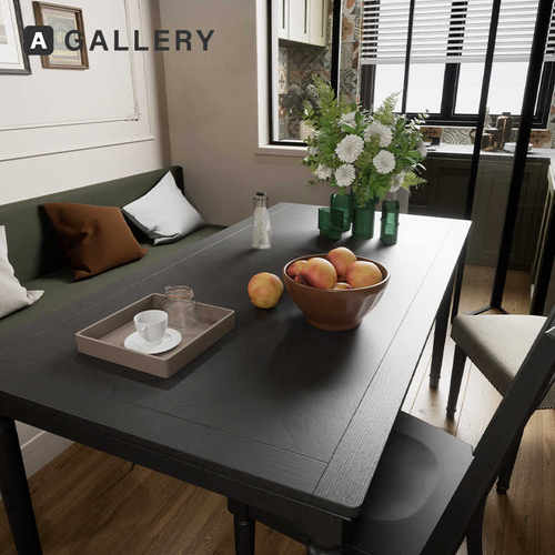 美式休闲复古家居实木餐桌黑色桌