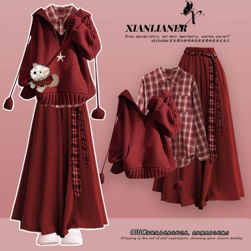 万圣节圣诞穿搭巨好看的红色针织阔腿裤裙深秋初冬季miu系毛衣